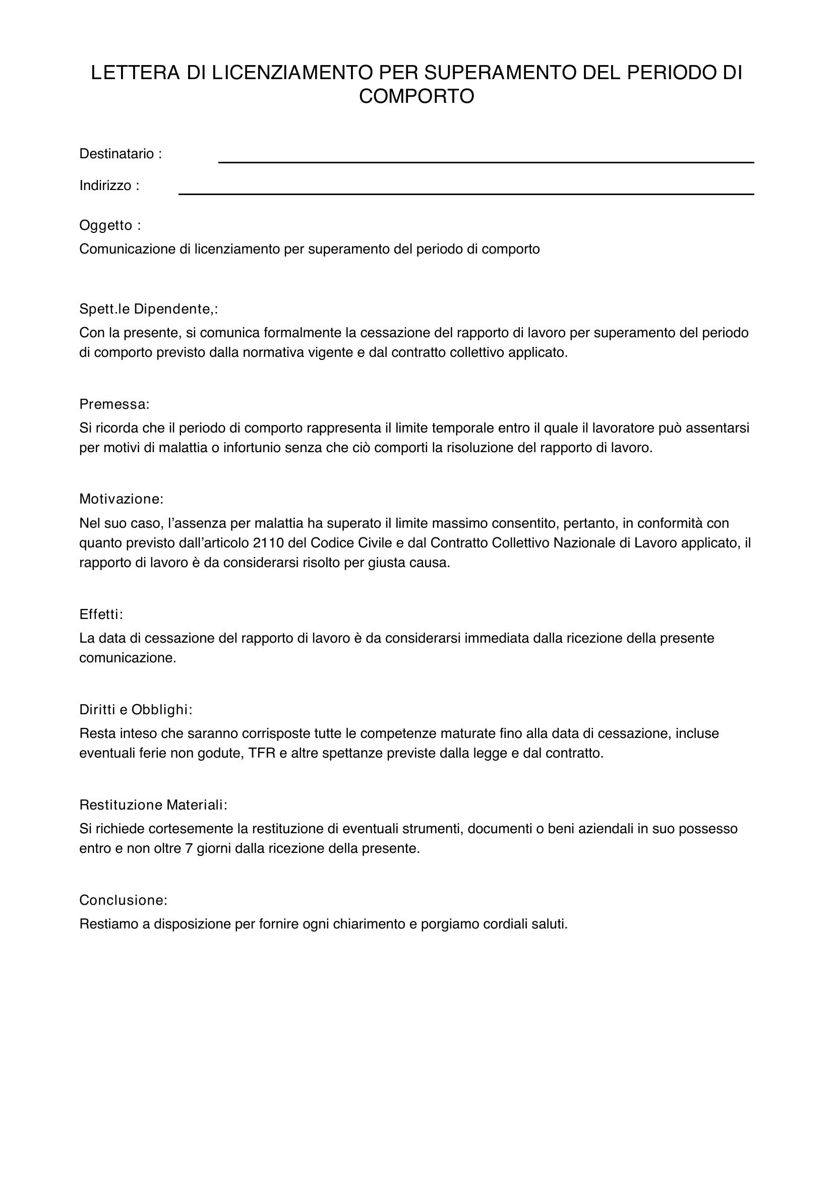 Lettera Licenziamento Superamento Periodo Di Comporto