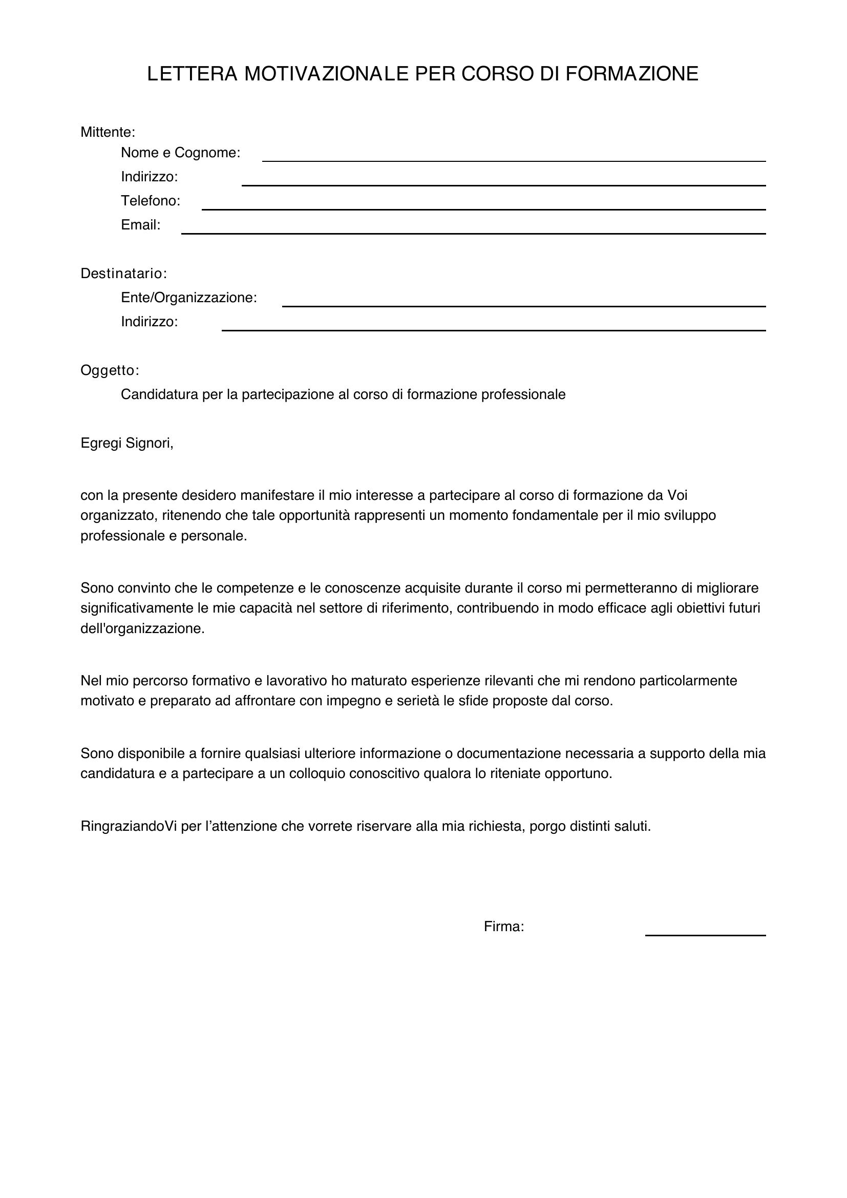 Lettera Motivazionale Corso Di Formazione Esempio