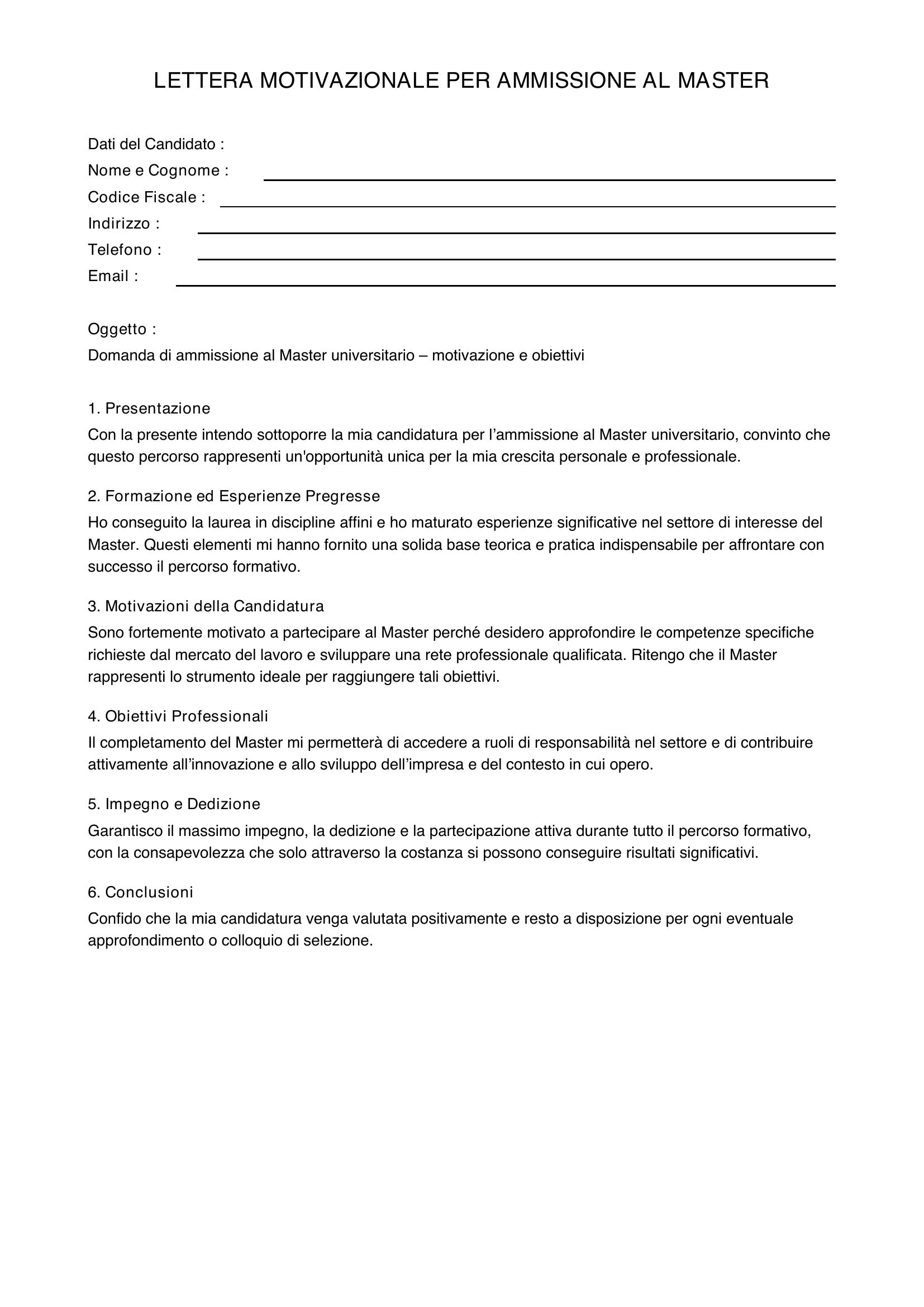Lettera Motivazionale Master