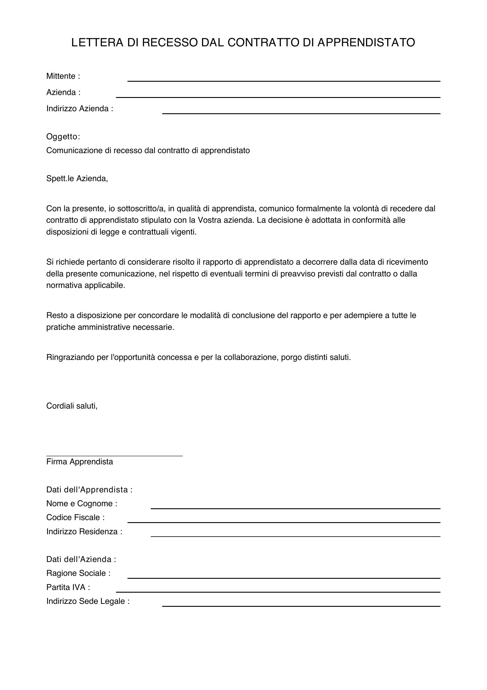Lettera Recesso Apprendistato