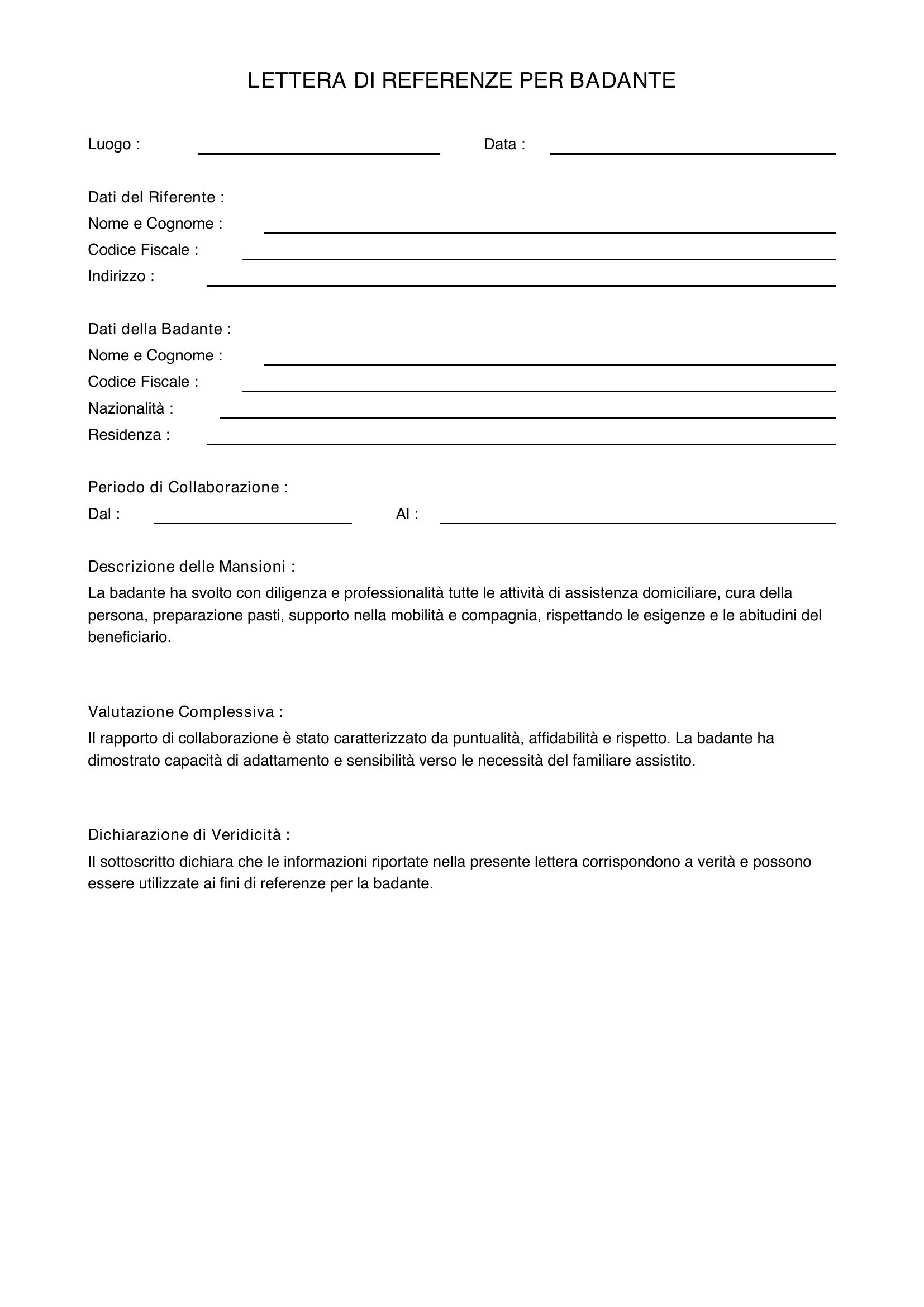 Lettera Referenze Badante