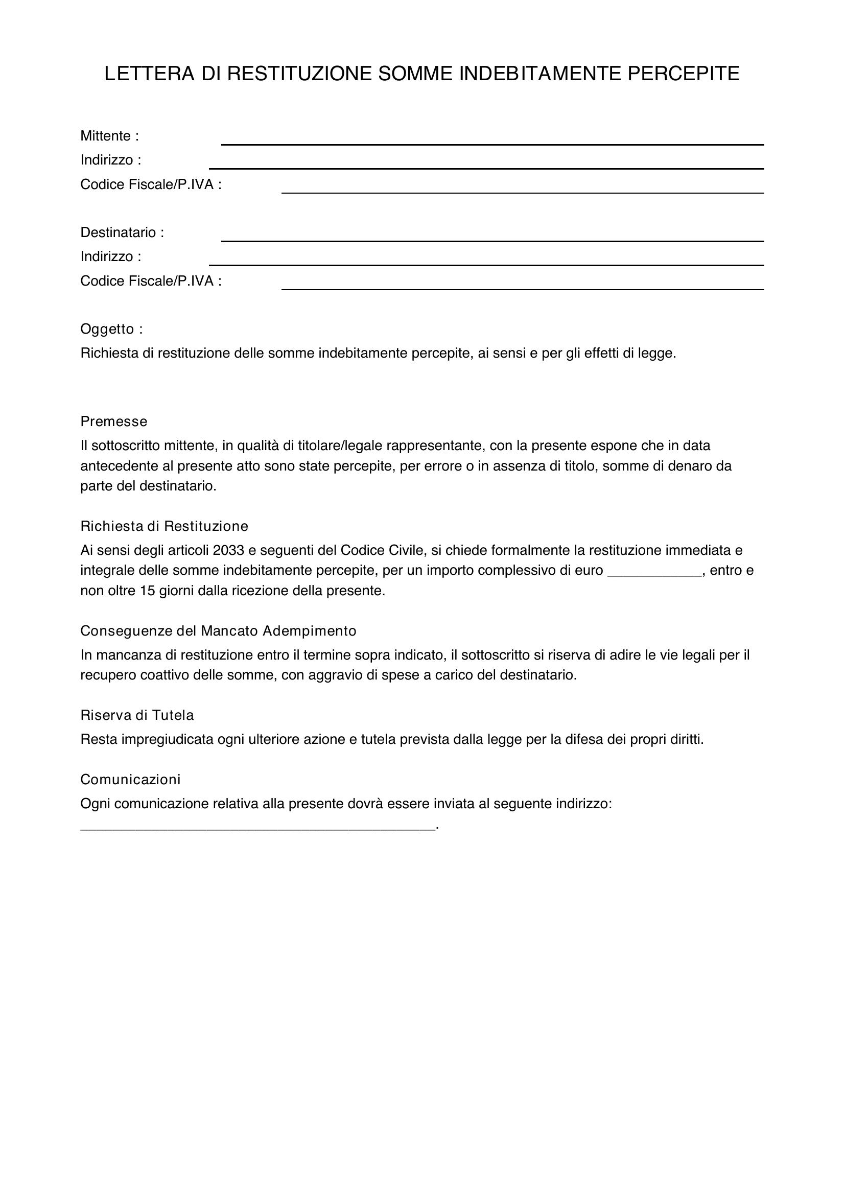 Lettera Restituzione Somme Indebitamente Percepite