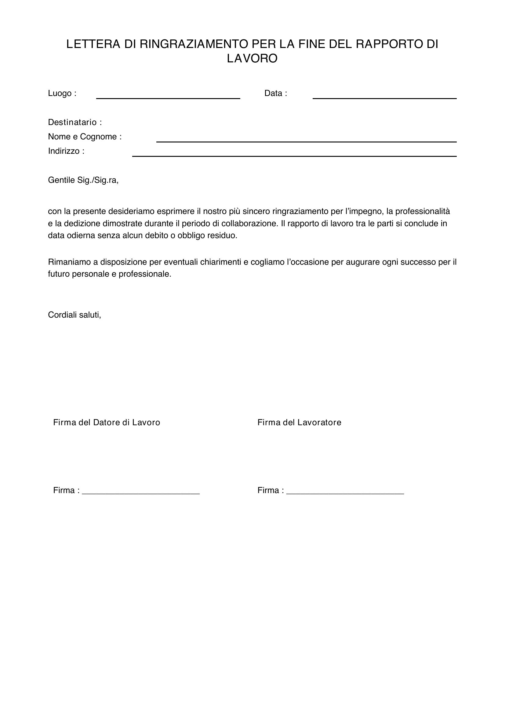 Lettera Ringraziamento Fine Lavoro Esempio