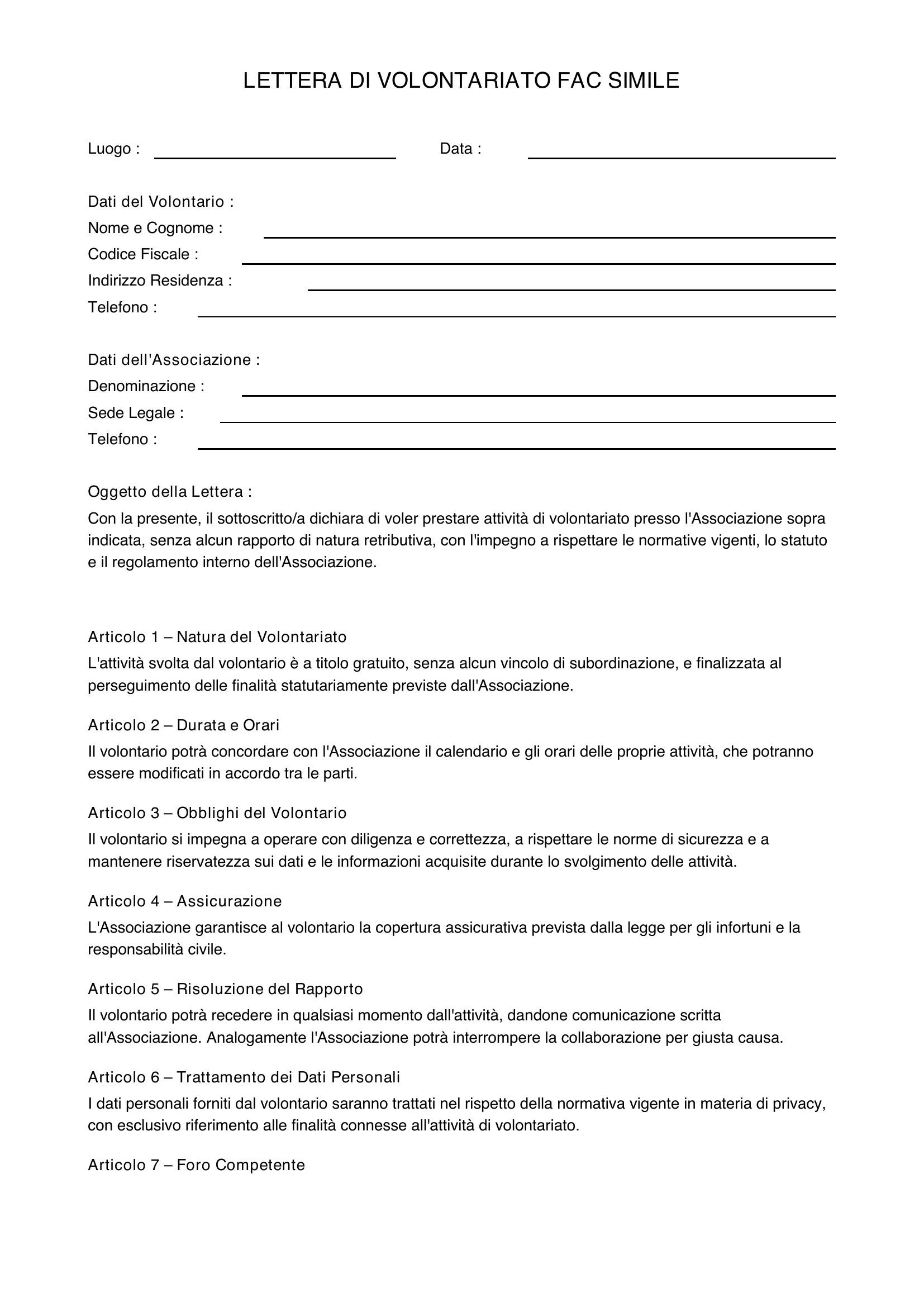 Lettera Volontariato Fac Simile