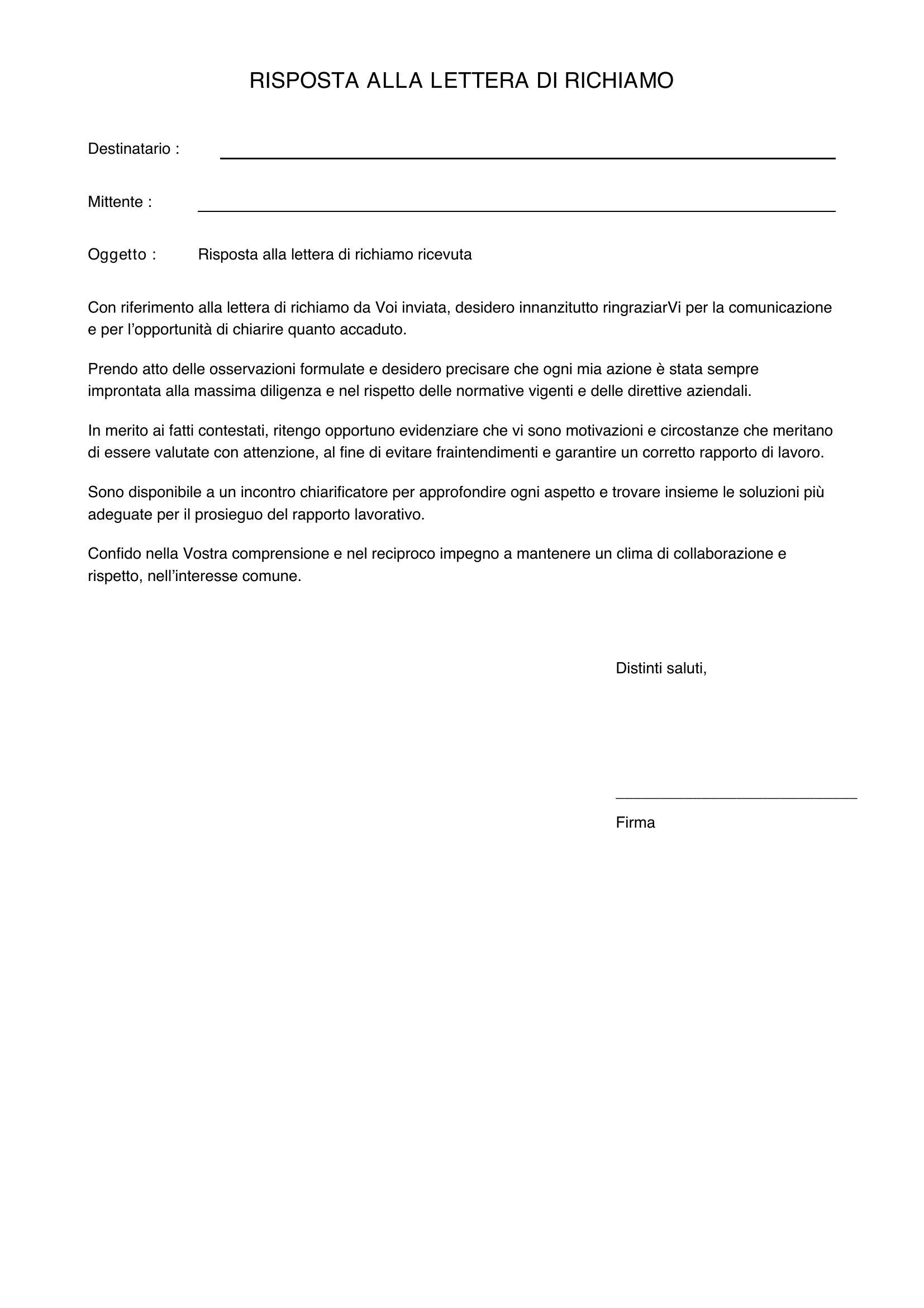 Risposta Lettera Di Richiamo Fac Simile
